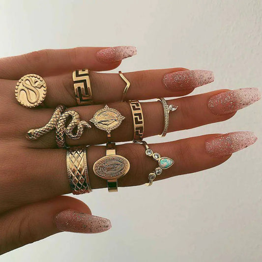 Exaggerated Carved Buddha Ring Set with Diamonds (10 Pcs)