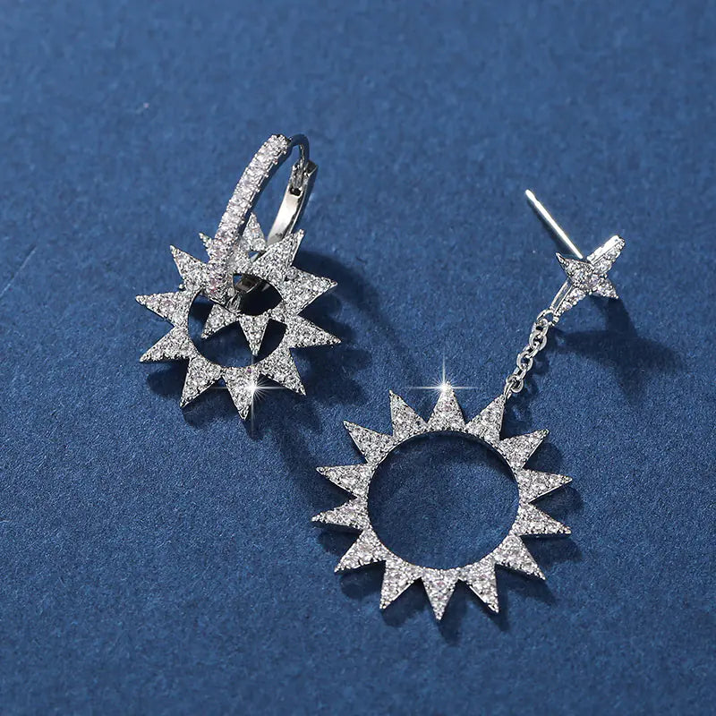 Asymmetrical Sun Earrings with Crystal Inlay