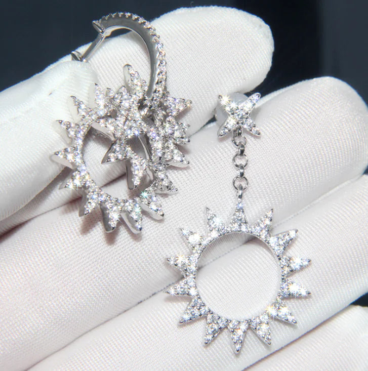Asymmetrical Sun Earrings with Crystal Inlay