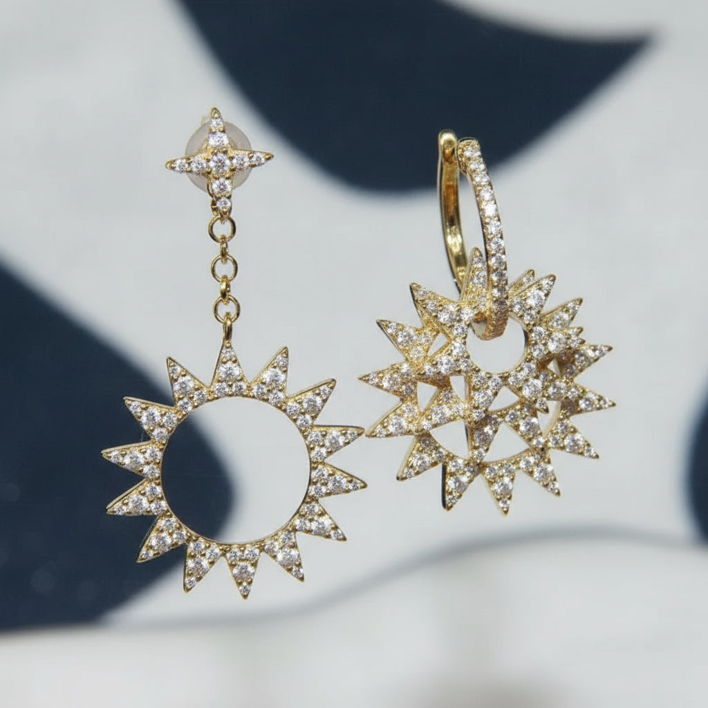 Asymmetrical Sun Earrings with Crystal Inlay