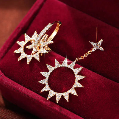 Asymmetrical Sun Earrings with Crystal Inlay